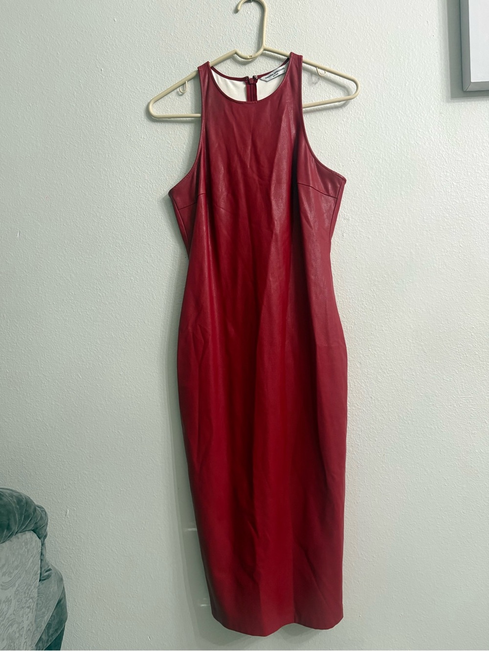 Amanda Uprichard red faux leather halter midi dress.